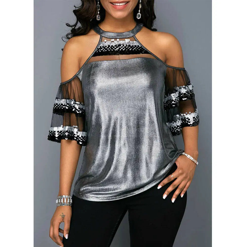 

Women Summer Blouse Tops Half Sleeve Sequined Bling Sexy Cold Shoulder Shirt Clothing Sexy Party Clubwear Solid Soft Clothes