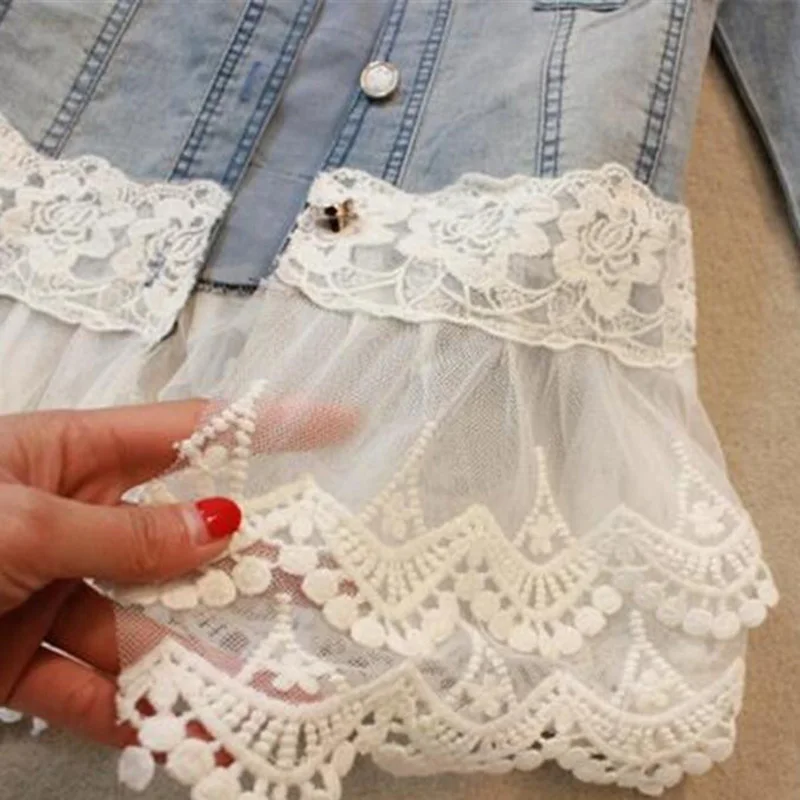 Женская джинсовая куртка весенне осенняя кружевная пэтчворк|slim coat|women jeans jacketjacket