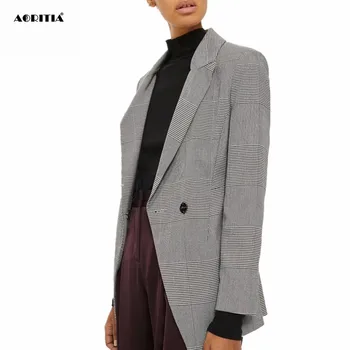 

2019 Women Long Sleeve Plaid Blazer Tops Ladies Pocket Blazer Mujer