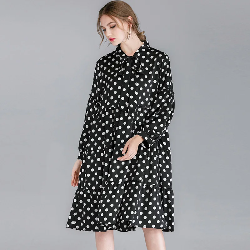 

Large Size Polkdot Bow Tie Collar Dresses Women 2019 Spring New Style Fashion Long Sleeve Loose Casual Dress