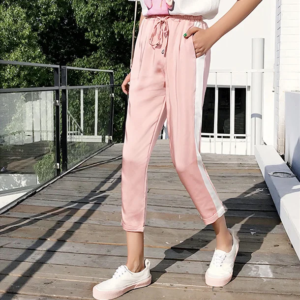 

Satin Pants Women Summer 2019 Korean Streetwear Side Stripe Lace Up Elastic Waist Harem Pants Joggers Pink Black Army Green B305