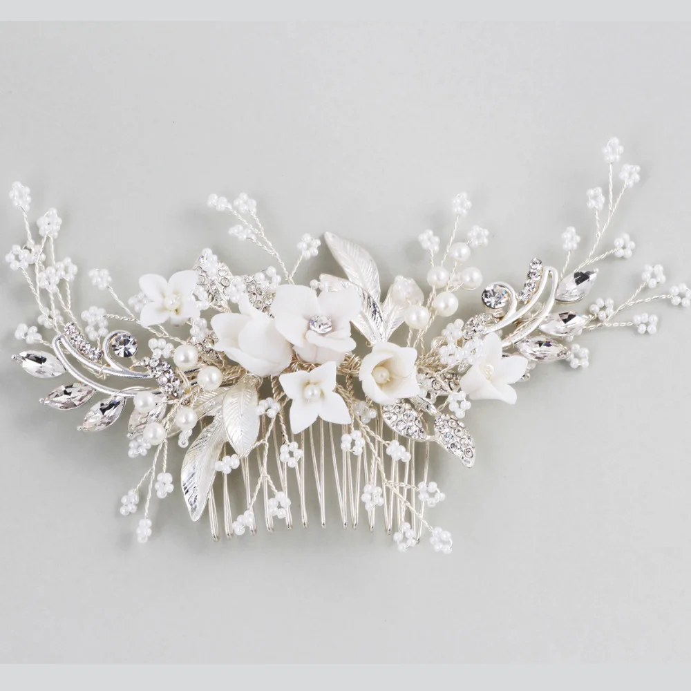 Crystal And Rhinestone Bridal Hair Comb Ceramic Floral Wedding Headpiece 2018 Handmade Hair Accessories For Brides (1)