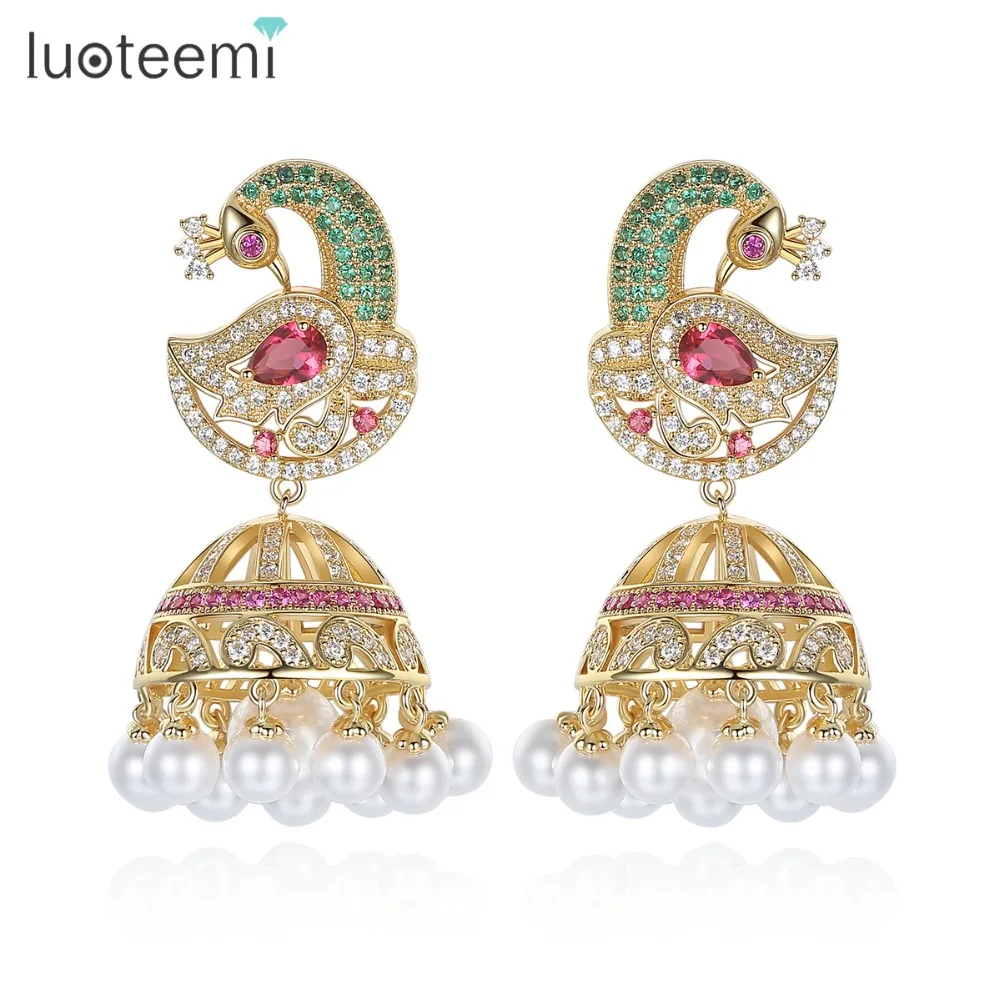 LUOTEEMI Ethnic Bridal Jewelry Antique Gold Color Bird With Created Pearl Umbrella Drop Indian Jhumka Jhumki