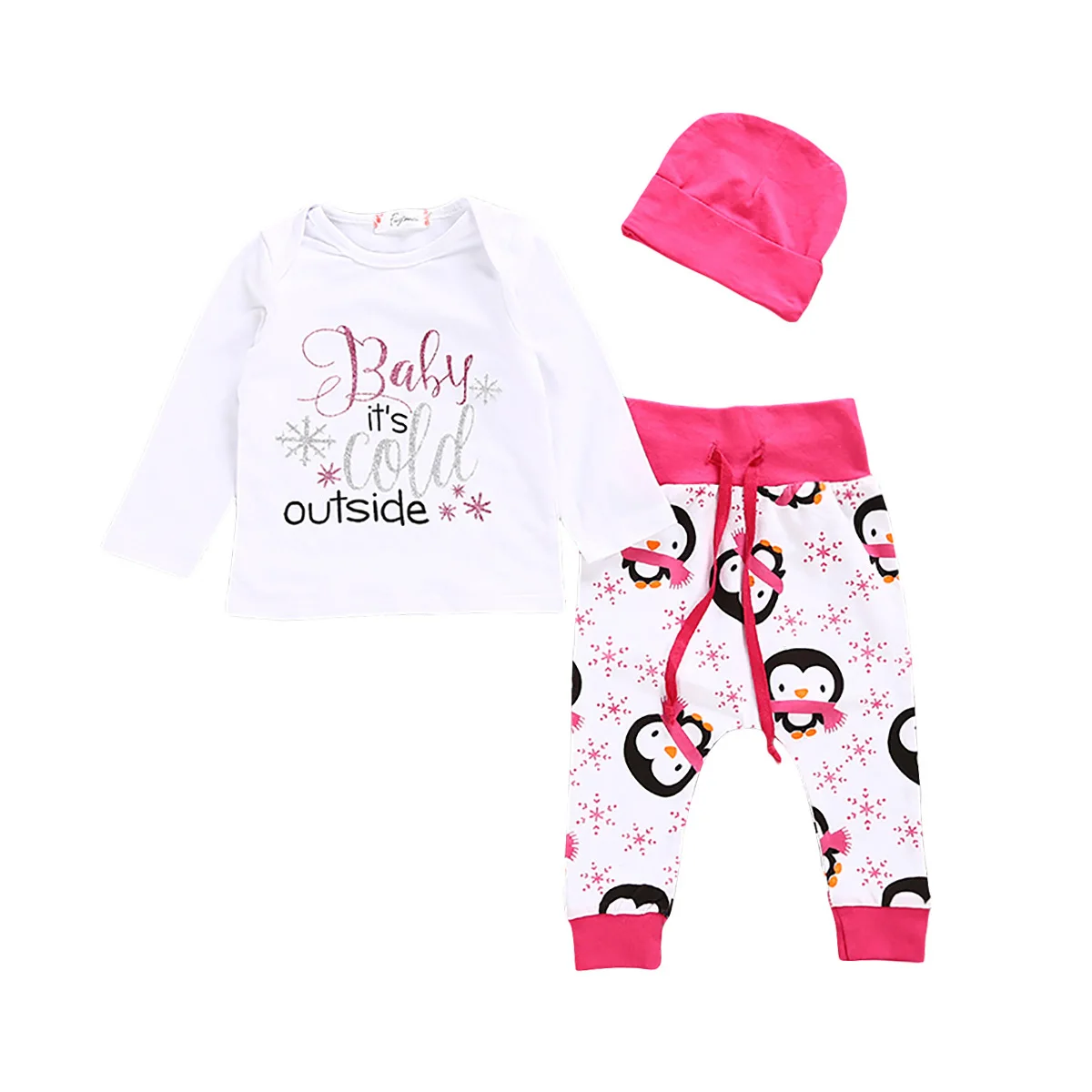 3Pcs Baby Girls penguin Clothes Newborn Pink Tops T shirt Romper