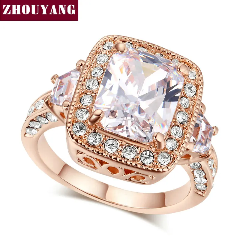 

ZHOUYANG Top Quality Big Gem Ring Rose Gold Color Ring Made with Genuine Austrian Crystals Full Sizes ZYR300 ZYR301