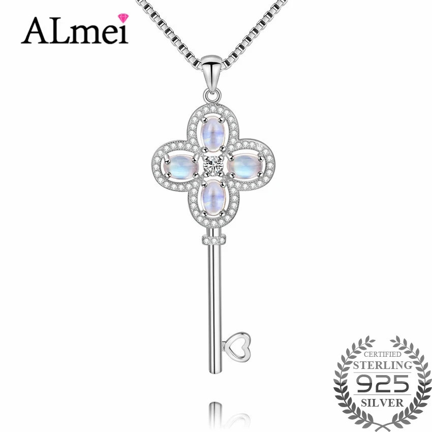 

Almei 2ct Gradient Moonstone 925 Sterling Silver Shine Unlocking Key Design Pendant Charm Wedding Necklace with Box CN056