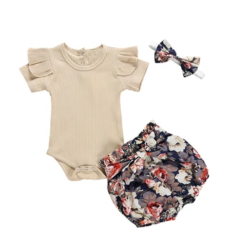 

Summer Toddler Newborn Cute Baby Girls Outfits Set fold Ruffles Short Sleeve Tops+Bow floral Shorts+Headband Infant Girl Clothes