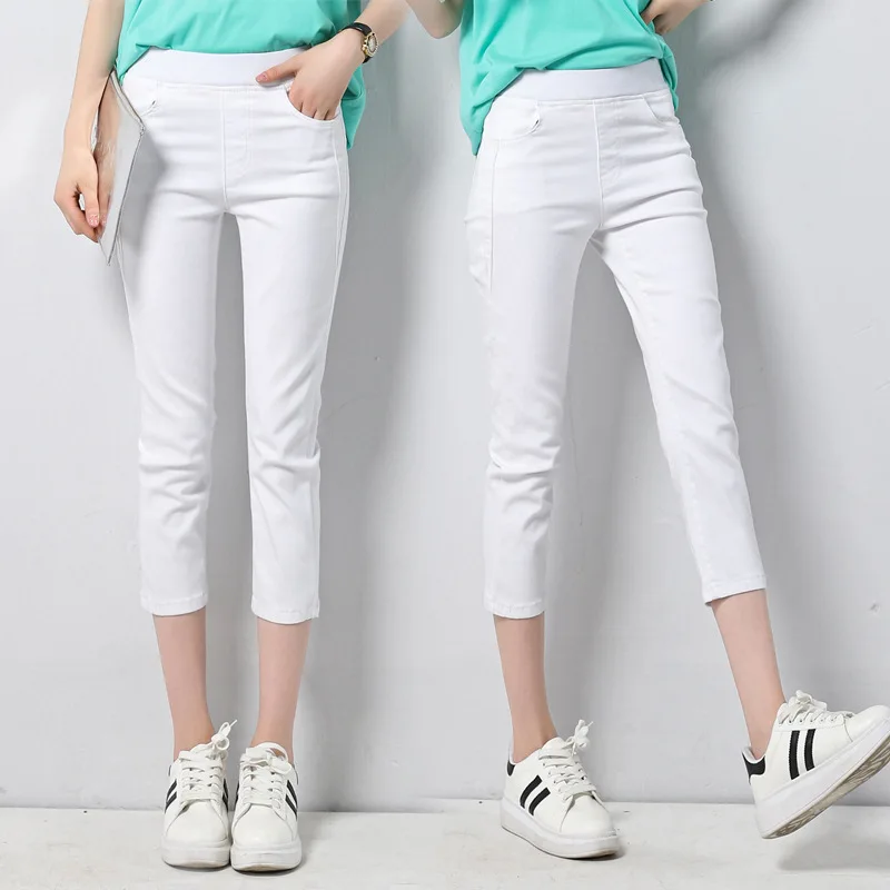 Summer Plus Size Skinny Capris Jeans Woman Elastic High Waist Skinny Stretch White Jean Mom Female Denim Pants Trousers Summer Plus Size Skinny Capris Jeans Woman Elastic High Waist Skinny Stretch White Jean Mom Female Denim Pants Trousers