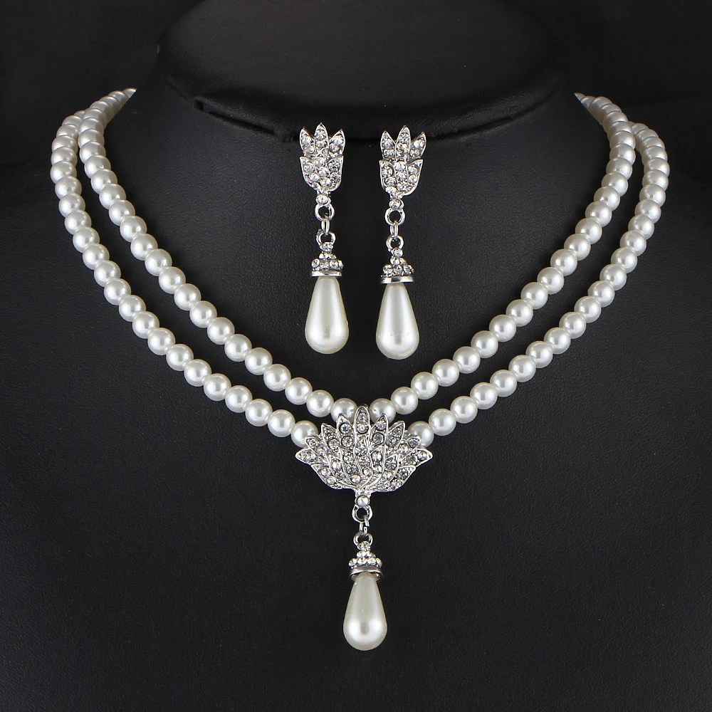 

Charming Bride Simulated Pearl Jewelry Set Bling Crystal Water Drop Pendant Necklaces Earring Fashion Jewelry Accessory