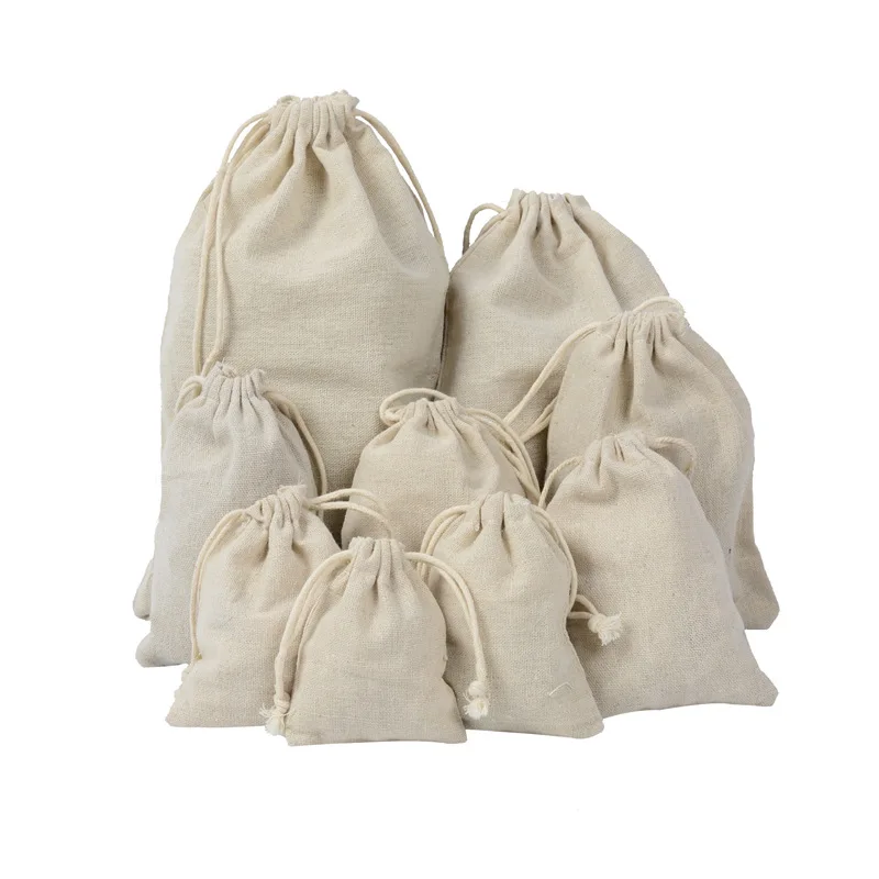 50pcs White Cotton Sacks Jute Bags Natural Burlap Gift Candy Pouch Drawstring Bags Wedding Party Favor Pouch Gift Storage bags