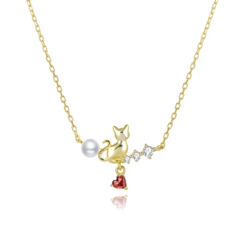 

Singreal Kitty Cat Pendant with Red Stone White Pearl A Delicate Fine Jewelry for Women Holiday Gift with Heart Charm