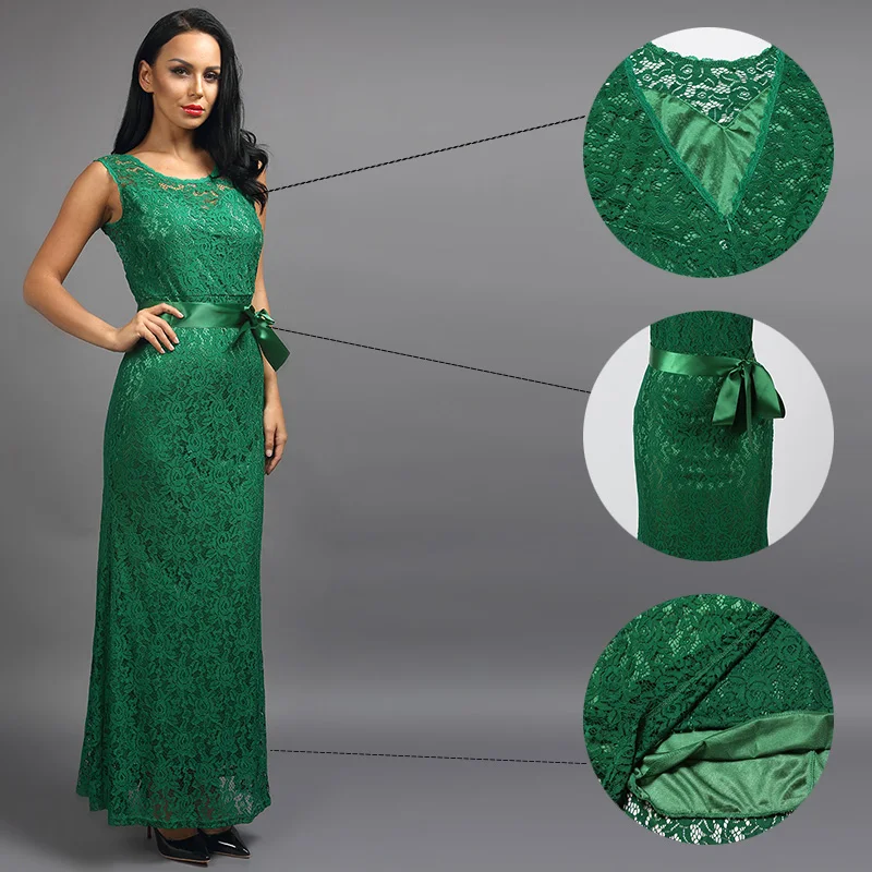 Kostlich Summer Women Long Dress 2017 UK Green Elegant Prom Fashion Casual Ladies Maxi Clothes Evening Party O-Neck Lace Dresses