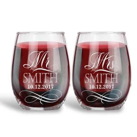 

Set of 2 Mr.Mrs.Wedding Stemless Wine Glasses,Personalized Wedding Favor Custom Bride And Groom Engrave Wedding Toasting Glasses