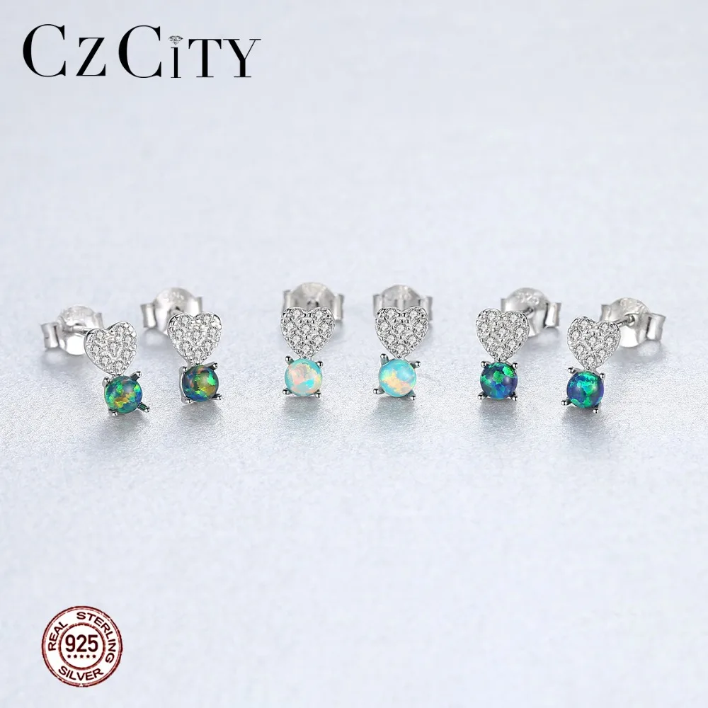 CZCITY милые маленькие круглые опал сердце циркон серьги гвоздики для женщин три