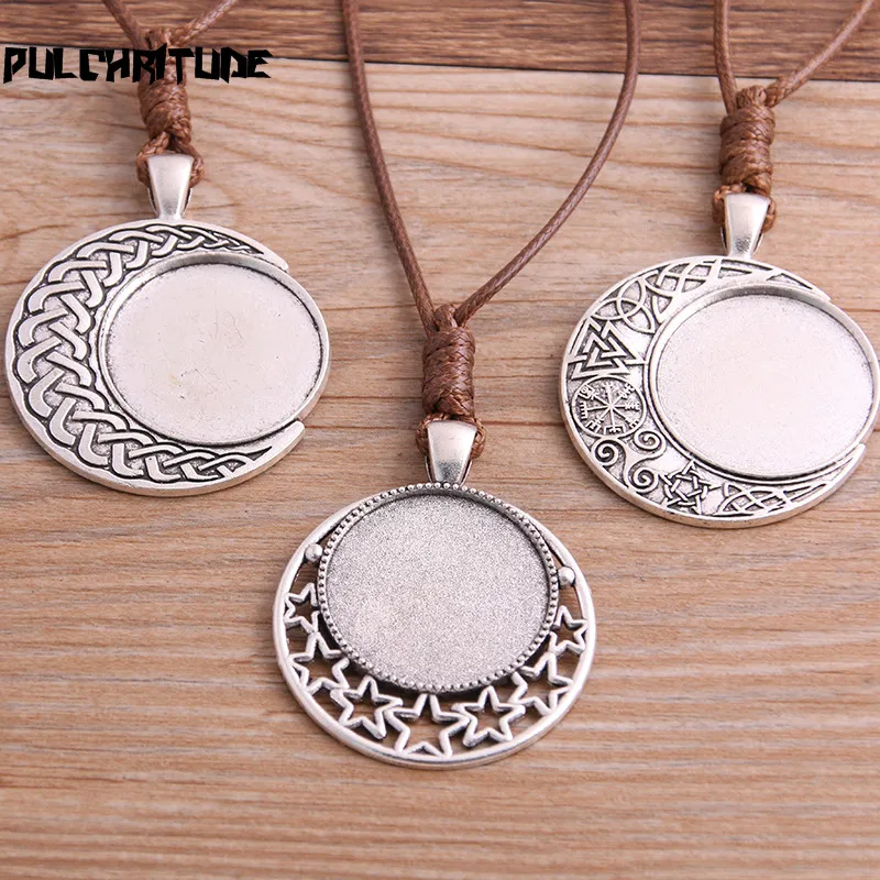 

2pcs Zinc Alloy Antique Silver 25mm Round Cabochon Settings Blank Cameo Pendant Base Tray With Leather Cord For Jewelry Making