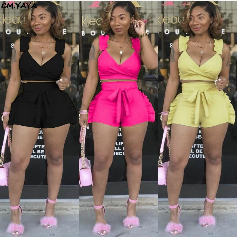 

2019 women summer ruffles side splicing spaghetti strap v-neck crop top & shorts suit two piece set beach tracksuit outfit L5052