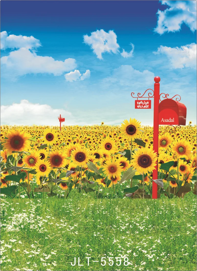 

Background for Photos Sunflowers Blue Sky Natural Scence Computer Printed Vinyl Photography Backdrop Photocall for Weddings