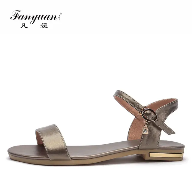 Fanyuan women Flat Sandals for 2018 Summer concise Genuine leather solid Ankle strap shoes Plus size girls Casual soft Sandals