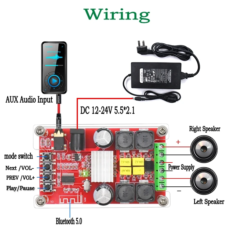 XH-A302 Bluetooth 5,0 TPA3116 двухканальный стерео Bluetooth цифровой аудио усилитель плата AUX усилитель с анодной модуляцией