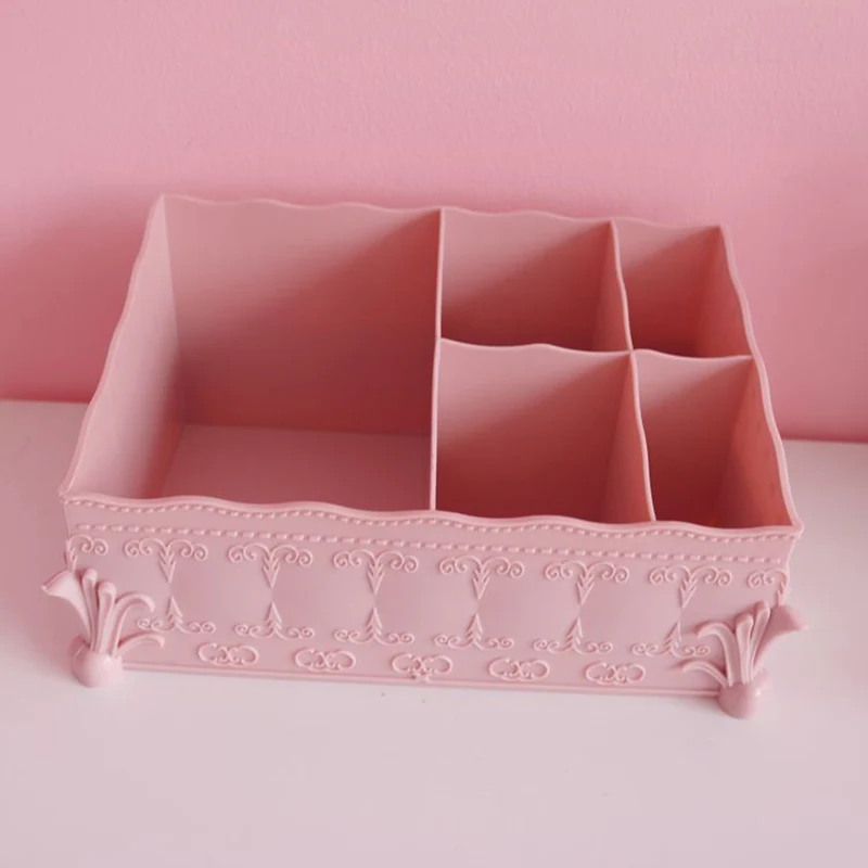 6 Grids Lace Retro Cosmetic Storage Box French Embossed Girl Desktop Makeup Brush Office Articles Basket Sundries Container