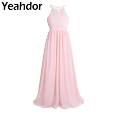 Кружевное шифоновое платье с цветочным узором для девочек; платье для свадебной вечеринки; Открытое платье с лямкой на шее без рукавов; платье трапециевидной формы с высокой талией; длинное платье