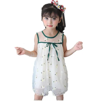 

2018 Summer Girls Print Flower Beach Dress Kid School Cute Sleeveless Perform Dance Dress Girls Wedding Voile Dress Kid Clothes