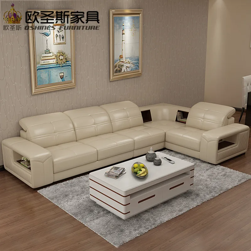 buy 2019 New L Shape Modern Sectional Furniture Livingroom Full Leather Sofa Set With Wood Legs Adjustable Headrest Storage Arm 659