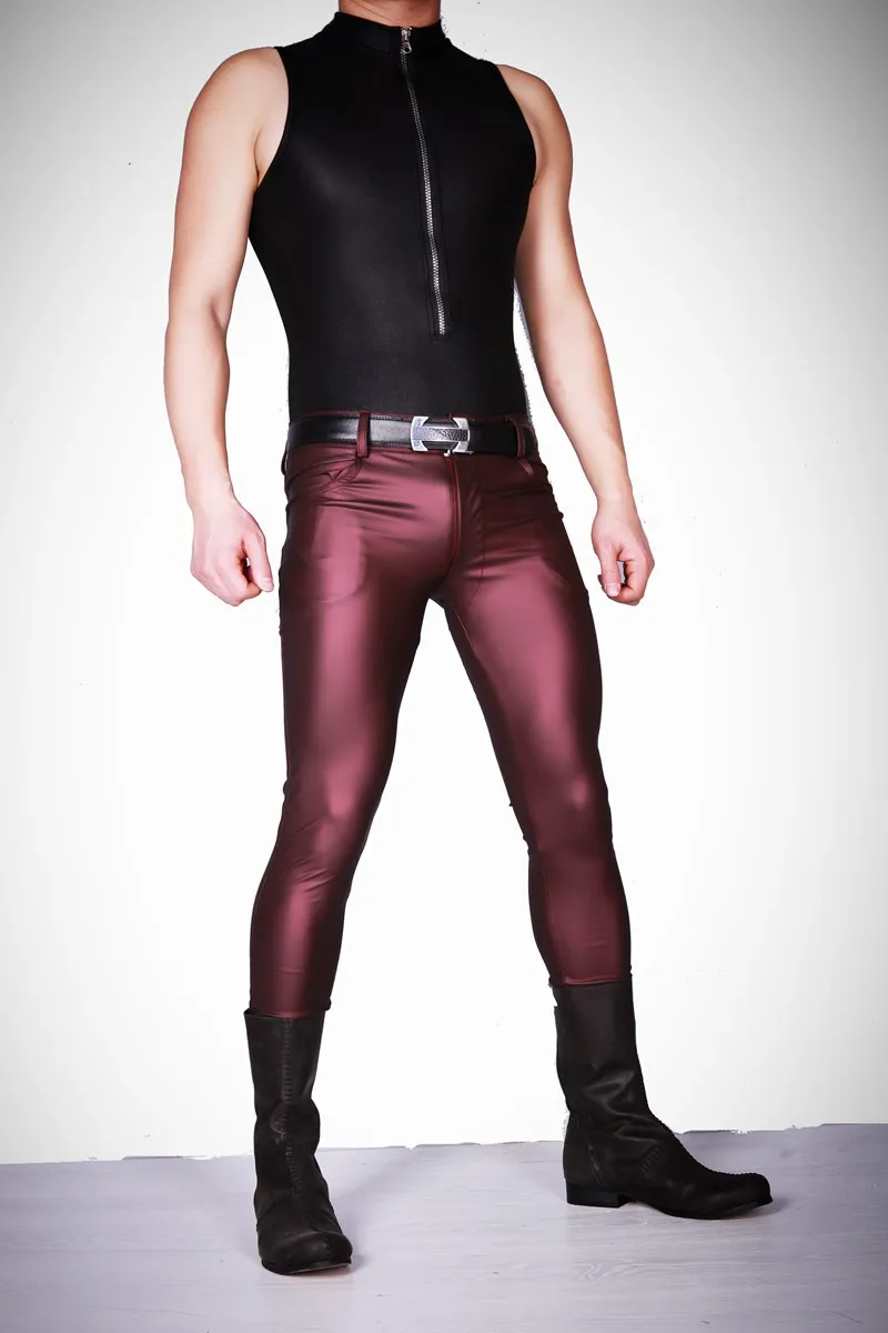 Мужские сексуальные обтягивающие брюки из искусственной кожи, повседневные облегающие обтягивающие брюки на молнии, стильные новые - Цвет: Purple Red