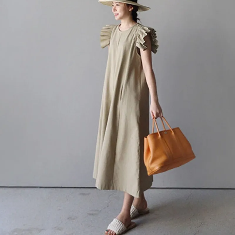 

LANMREM Korean Styles 2019 New Summer Flare Short Sleeves Pleated A-line Loose Long Dress Pullover Female Vestido WH01304L