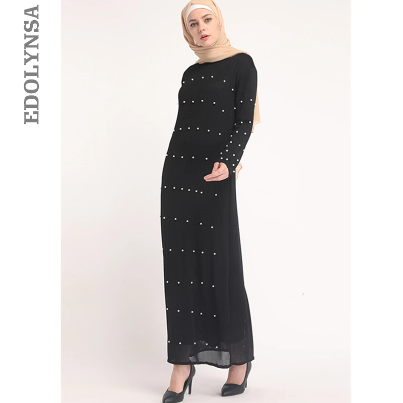 

2019 Luxury Beading Islamic Clothing Modest Pearls Moroccan Kaftan Dubai Modest Solid Islam Muslim Hijab Dress For Women D750