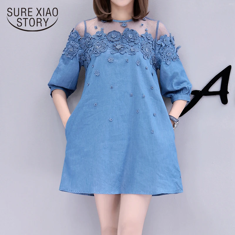 

new arrival 2018 summer women denim dresses lace bead patchwork dress loose plus size jeans dresses O neck A-Line 0711 30
