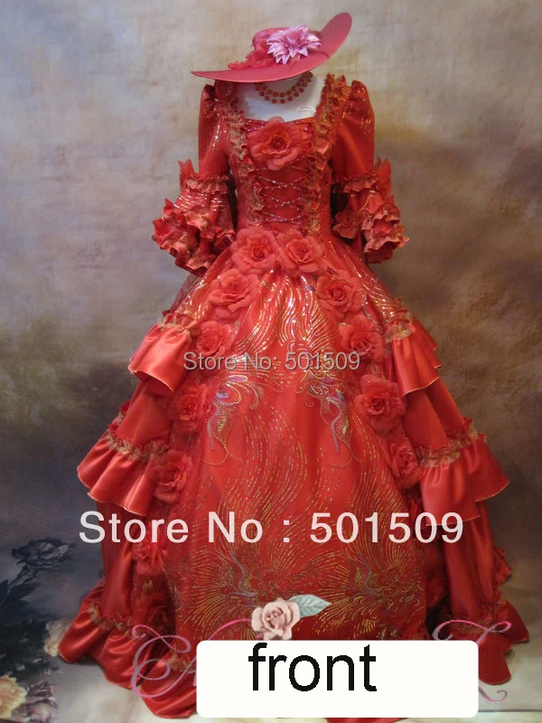 Платье с блестками и цветами в средневековом стиле; платье в стиле ренессанса; костюм Красной королевы в викторианском стиле; готический костюм Марии-Антуанетты; карнавальный костюм; бальное платье в стиле колонии