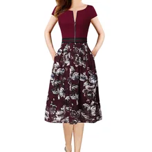 Vfemage, женское элегантное винтажное кружевное платье с цветочным принтом и карманами на молнии, контрастная одежда для работы, офиса, Повседневные Вечерние трапециевидные приталенные платья 152