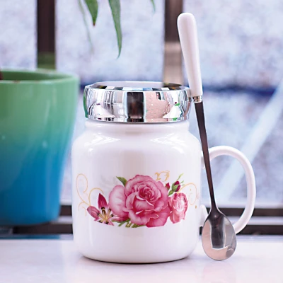 С изображением героев из мультфильмов, 1 штука, цветочная керамическая 550 мл Кофе чашка для молока, чая чашки с Ложка Крышка - Цвет: flower A