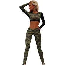 Женский сексуальный для спортзала костюмы камуфляжная рубашка для йоги с длинными рукавами фитнес-одежда+ компрессионные штаны для йоги трусы для фитнеса Слаксы