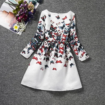 

2017 Europe Autumn Girls dress jacquard butterfly printing long sleeved princess Dress wholesale 6-11 Year
