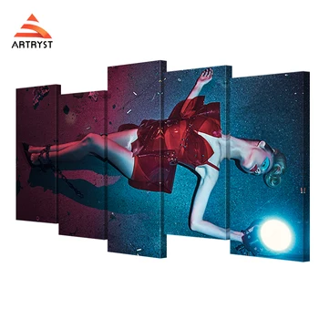 

5 panel modular wall star Dakota Fanning photo print on canvas modern home decoration figure canvas painting for bedroom ZJ3599