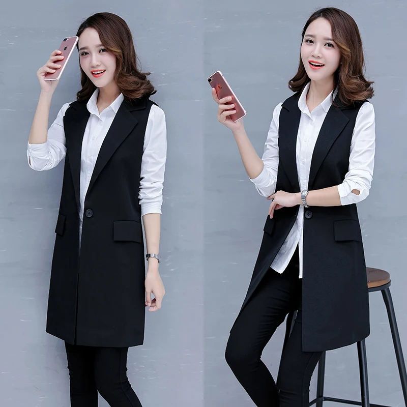 Women's Spring Autumn Sleeveless Blazer lattice Vest Long Vest Waistcoat Female Women Outwear Jacket Pocket Coat Black/gray