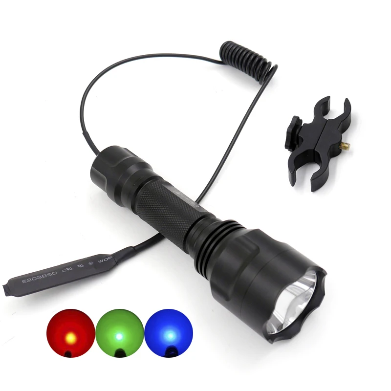 

C8 Green Red Blue Light aluminum led Hunting flashlight light tactical CREE LED Torch lamp with remote switch gun mount