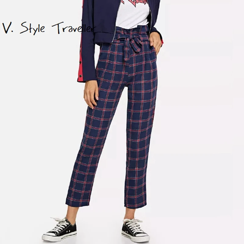 navy plaid pants womens
