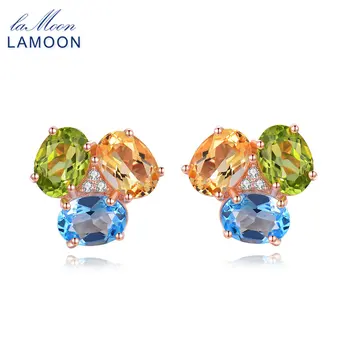 

LAMOON Earrings for Women 925 sterling-silver-jewelry 3ct Oval Yellow Citrine Green Peridot Blue Topaz Earring S925 EI037
