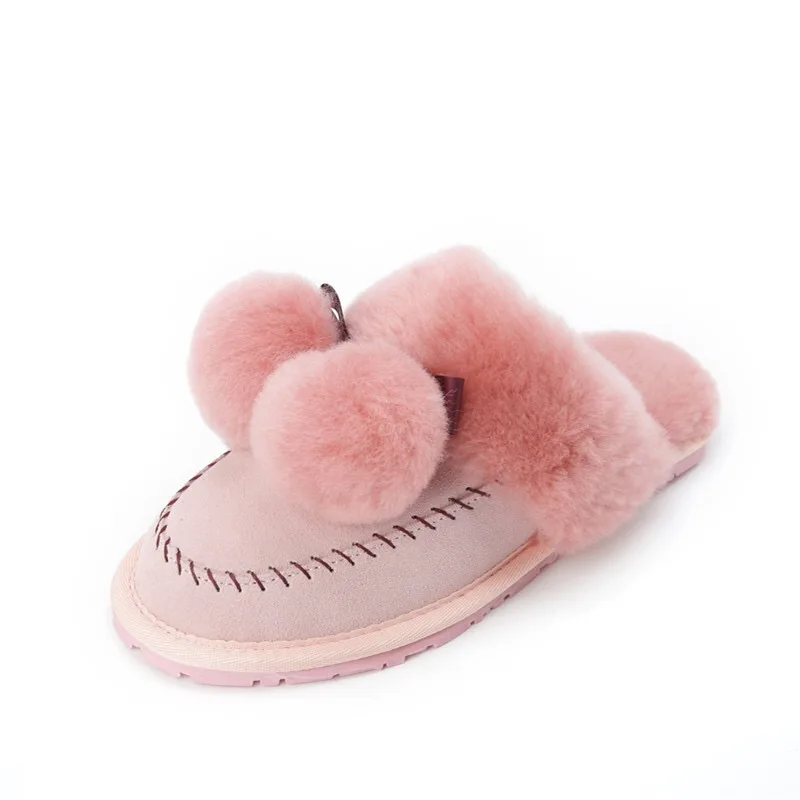 

MILLFFY Cute fur ball leather slippers, home warm slippers, new slippers, fashion pink slippers, parent-child slippers