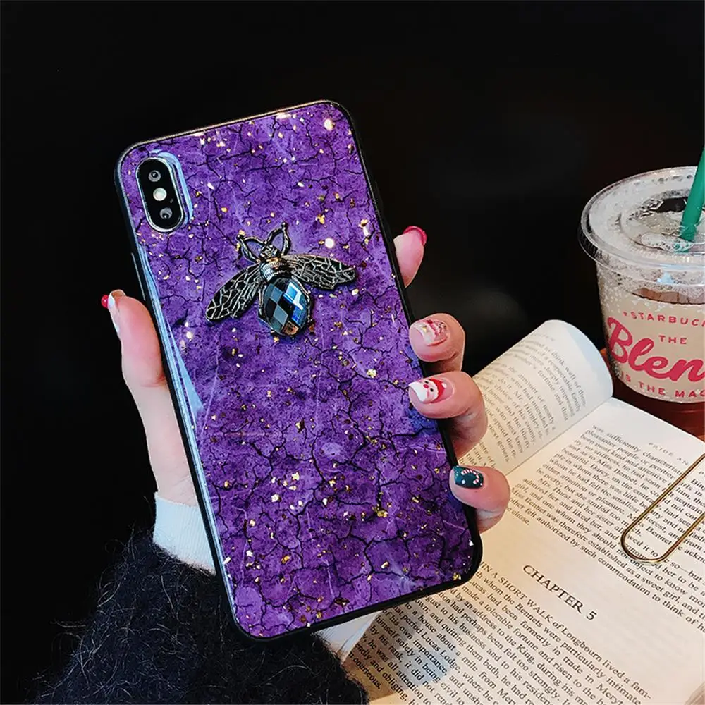 Luxury Green Diamond Crack Marble Phone Case For iphone 7 8 6 6s Plus Bee With Wing Funda cover for iphone XS MAX XR X back   (11)
