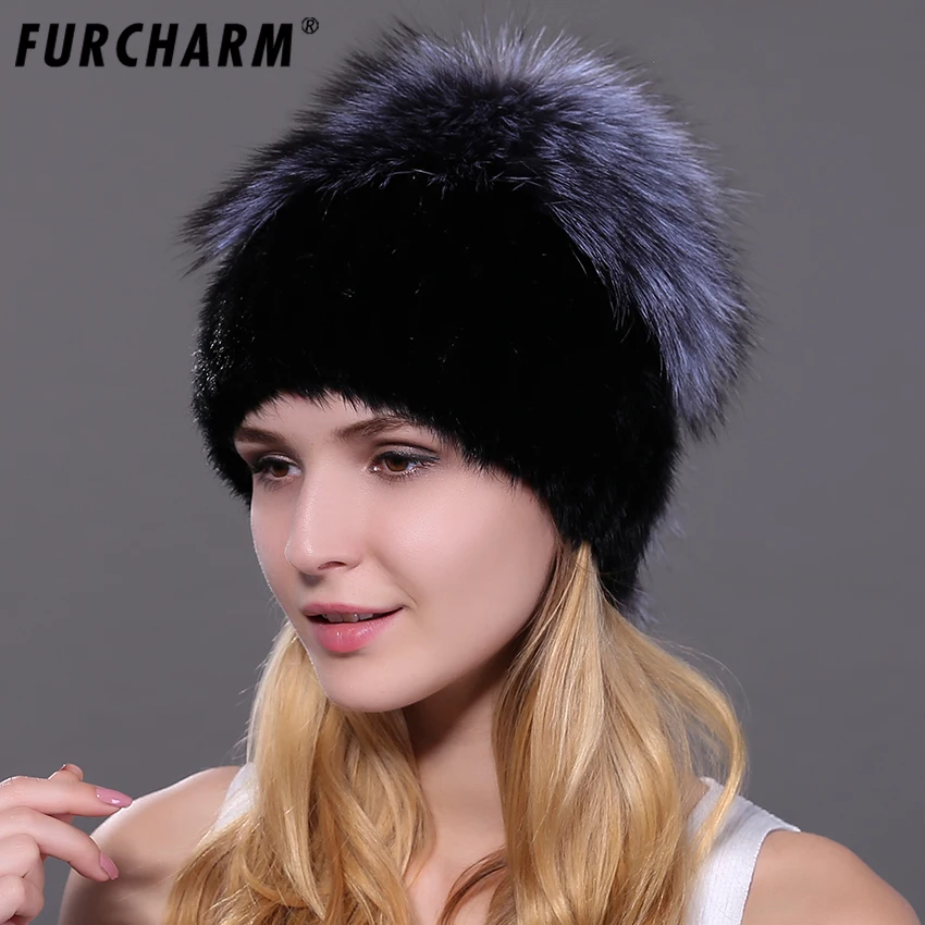 Winter Hats for Women Natural Mink Fur Hat with Luxury Big Fox Fur Ball