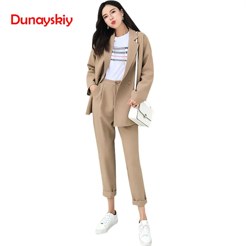 

Casual Solid Women Pant Suits Notched Collar Blazer Loose Long Sleeve Khaki Female Suit Spring Autumn 2019 High Quality