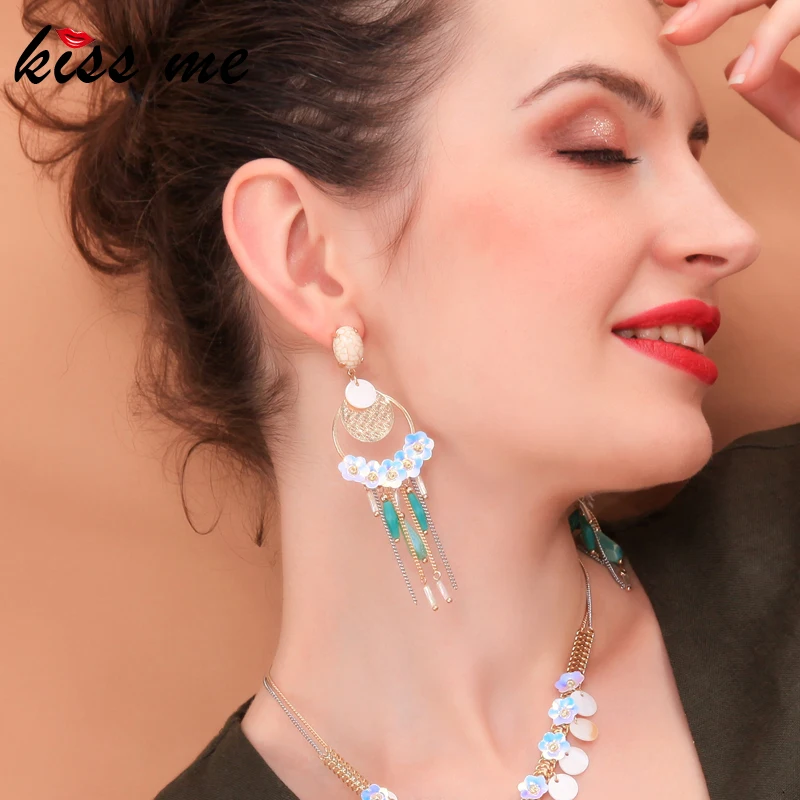 

kissme Hyperbole Sequins Shell Iron Sheets Flowers Texture Synthetic Stone Glass Tassel Gold Color Brass Drop Earrings For Women
