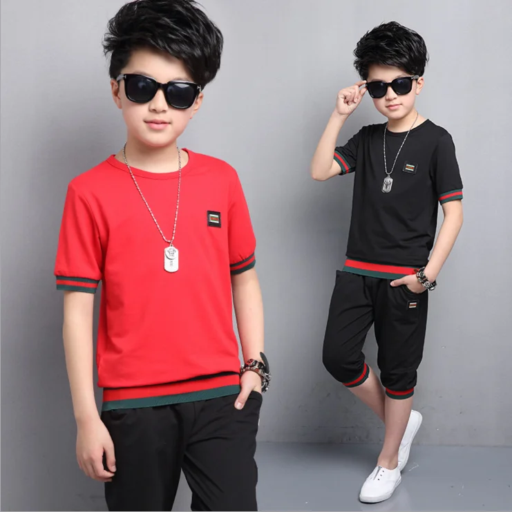 

Retail Kids Boys Short-sleeved Suit 2017 New Summer Children Cotton Casual T-shirt Big Virgin Shorts Boys Clothes 3-15 Y 2bs003