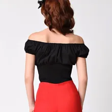 Большие размеры 35-Для женщин Ретро стиль 50-х, в стиле ретро с открытыми плечами платье пинап с Крестьянка Топ черного цвета; сезон лето; большие размеры camisetas хлопок boothals рубашка