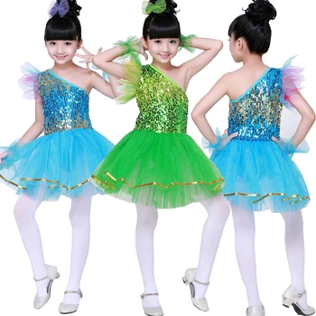 

Sequined Green Girls New Sleeveless Jazz Dancewear Dress kids Ballroom Hip Hop Dancing Costumes 110-160
