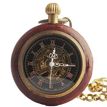 

Roman Copper Wood Ring Hollow Mechanical Pocket Watch Fob Steampunk Open Face Design for Men Women